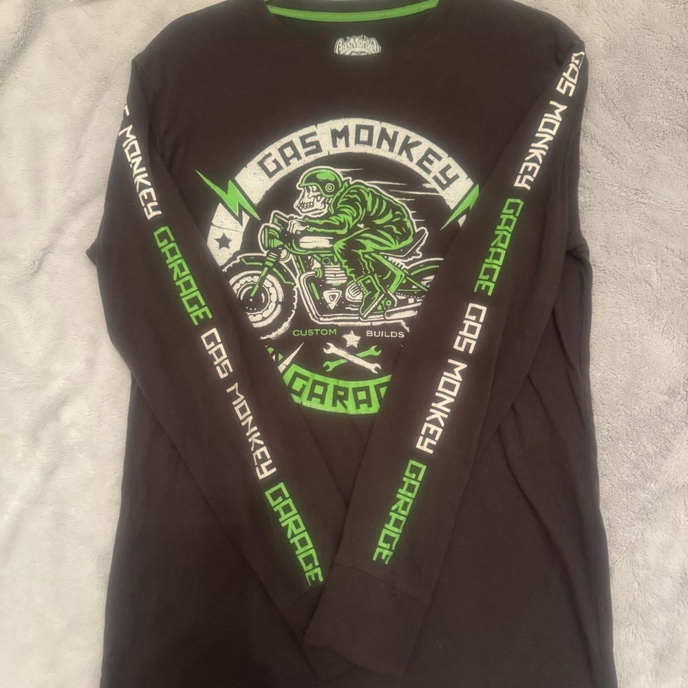 Gas Monkey Garage Skeleton Rider Long Sleeve T-Shirt Black Green Size S - Picture 5 of 7